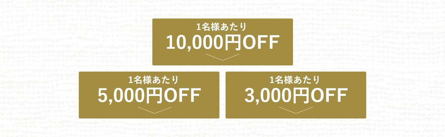 10,000円OFF 5,000円OFF 3,000円OFF
